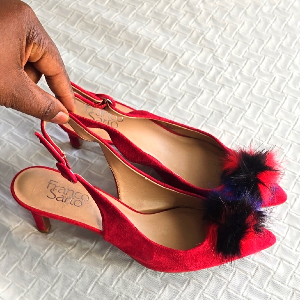 Franco Sarto Red Slingback Kitten Heels with Pom Pom